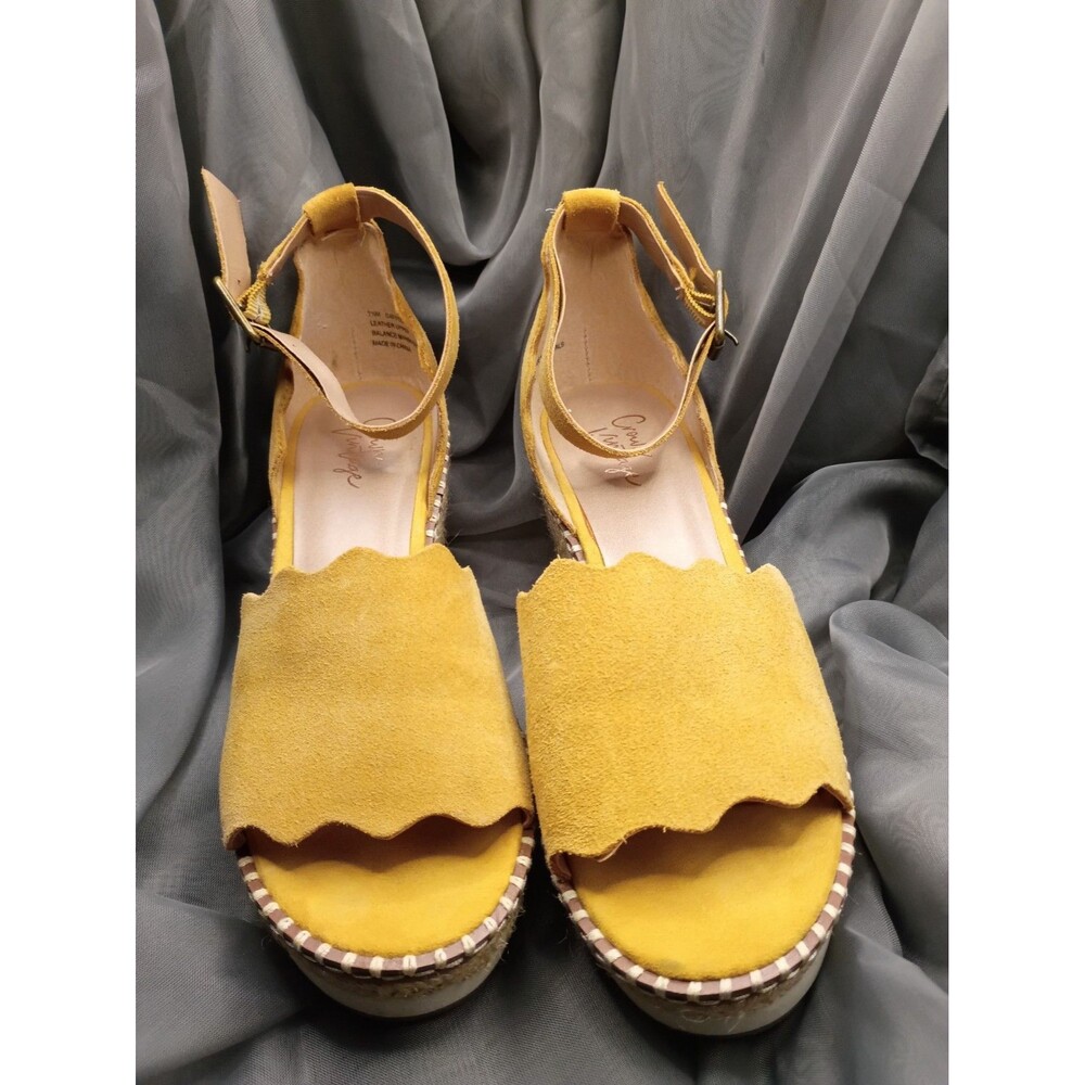 Crown Vintage "Charming" Mustard Yellow Suede Espadrille Wedge Sandals